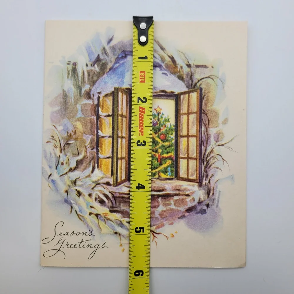 Vintage Christmas Card Season's Greetings Decorated‎ Tree Window Unused